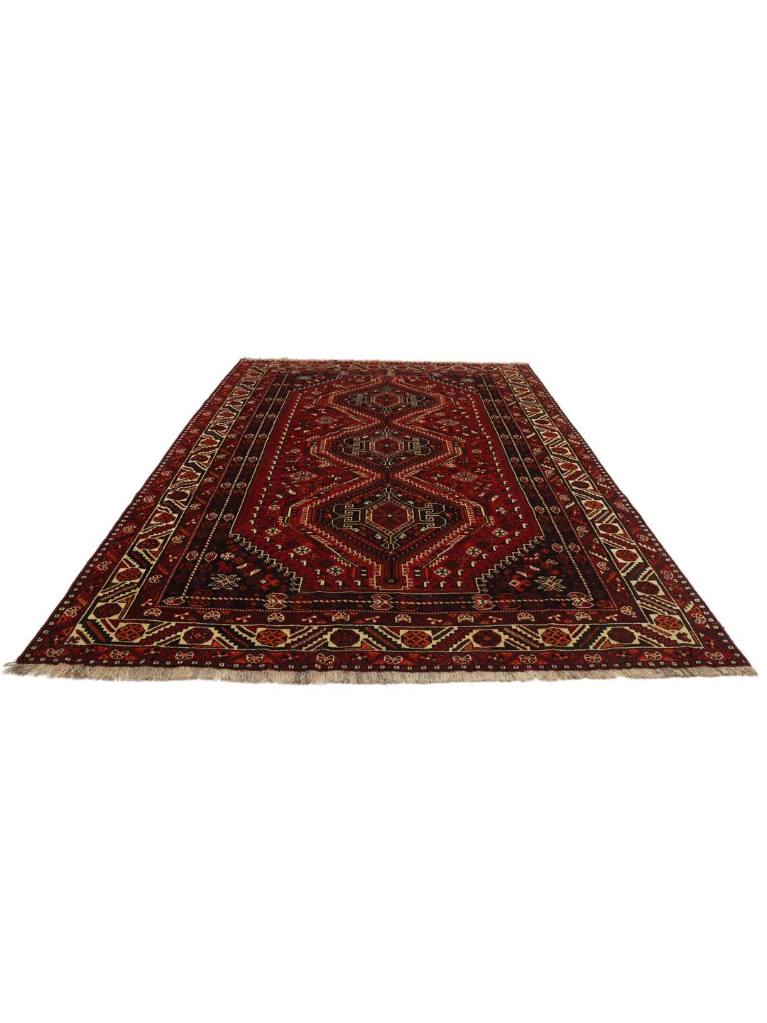 Hand-knotted Shiraz rug from the Middle East in deep red tones