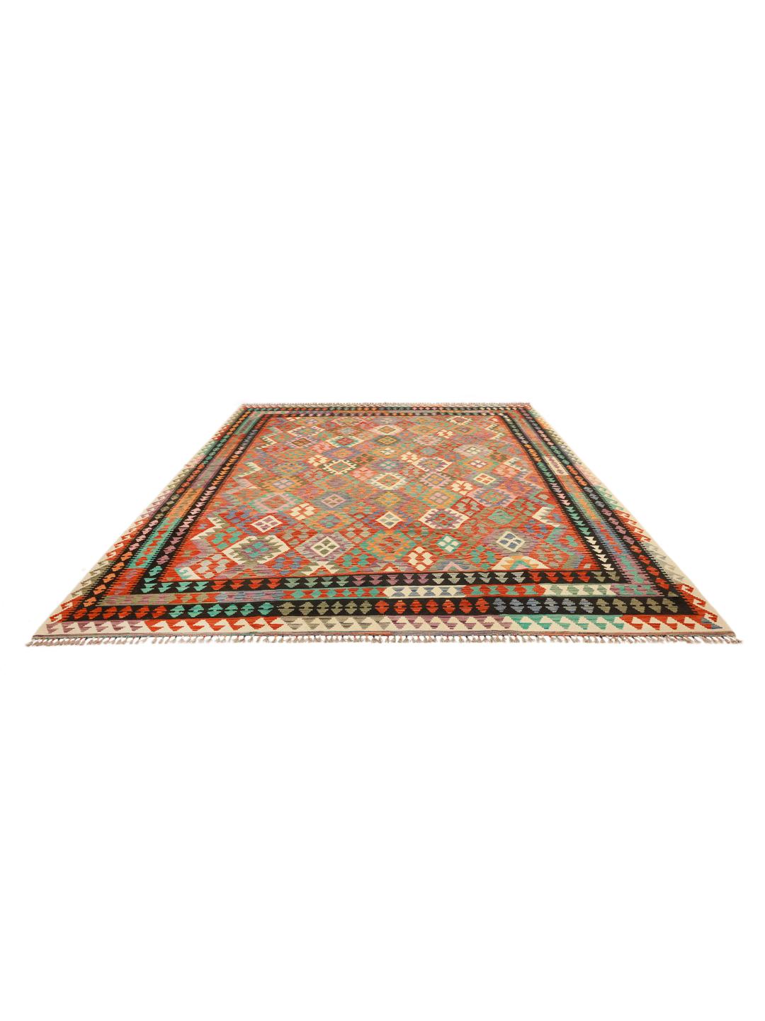 Een groot rechthoekig Kelim Afghan Old Style tapijt met levendige, veelkleurige geometrische ruitpatronen