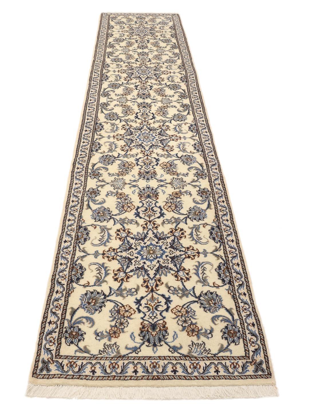 Handgeknoopte Nain loper met bloemmotieven in beige en blauw uit het Midden-Oosten