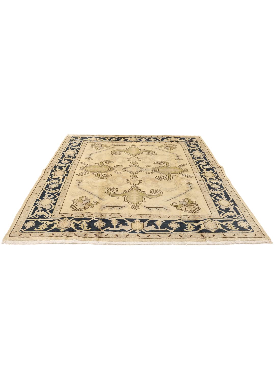 Vierkant handgemaakt Heriz-tapijt uit het Midden-Oosten in beige en blauwe tinten