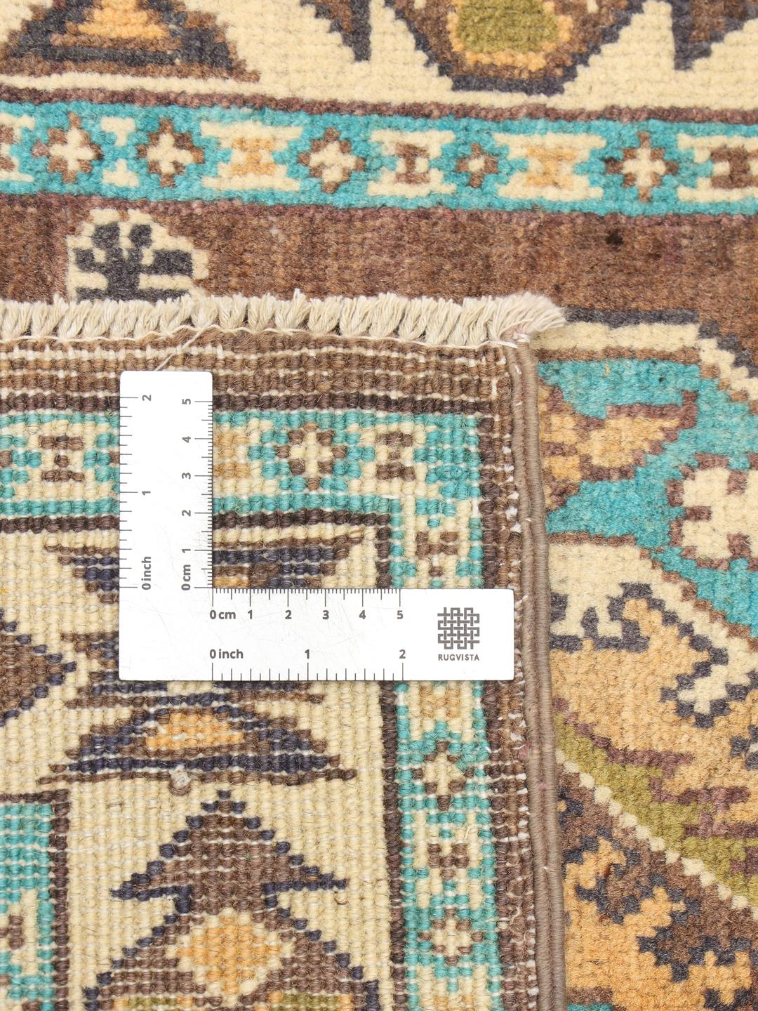 Alfombra Kazak anudada a mano de Afganistán en tonos marrón y azul