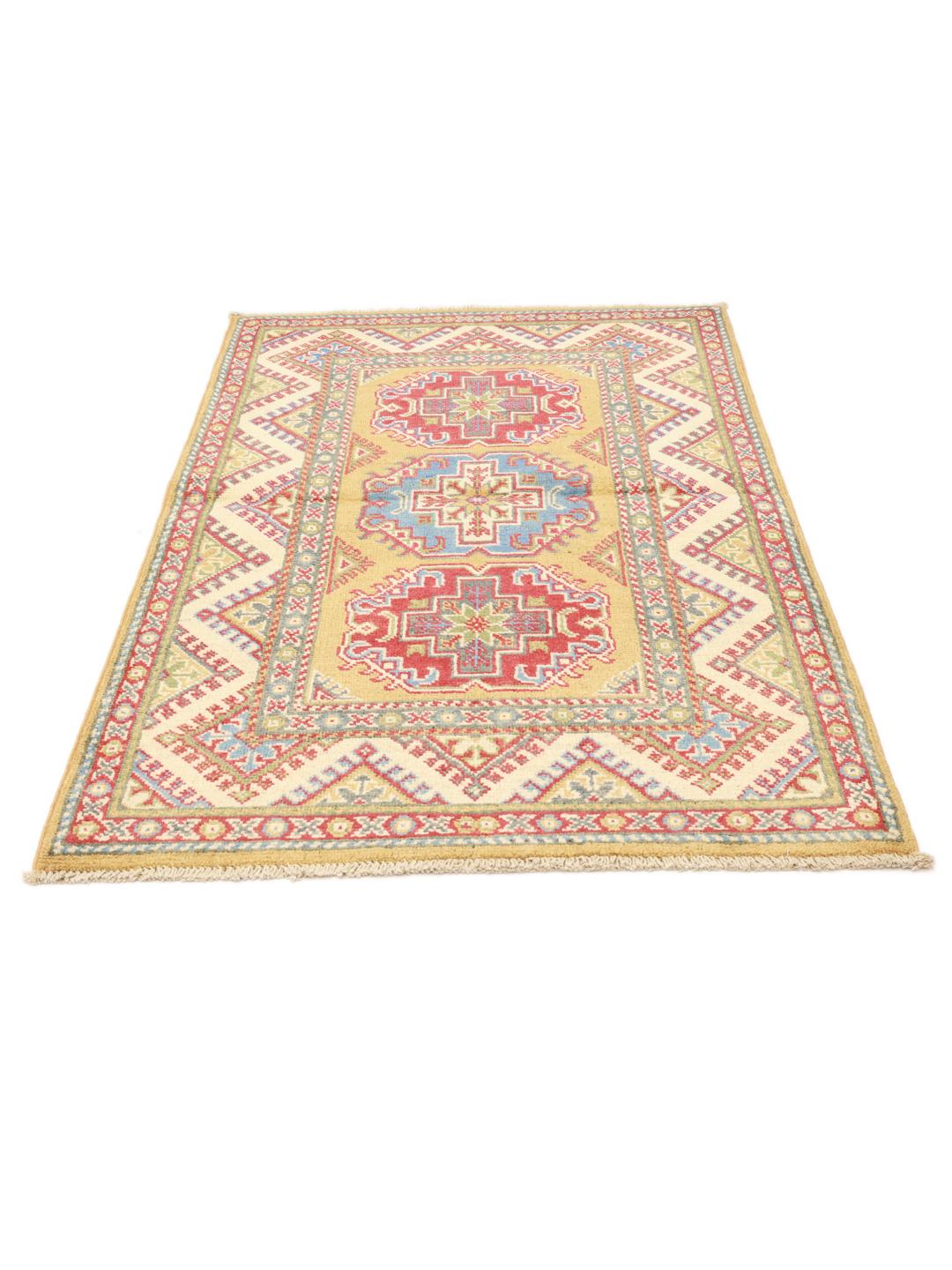 Kazak-tapijt met geometrische patronen in geel, rood en blauw uit Afghanistan