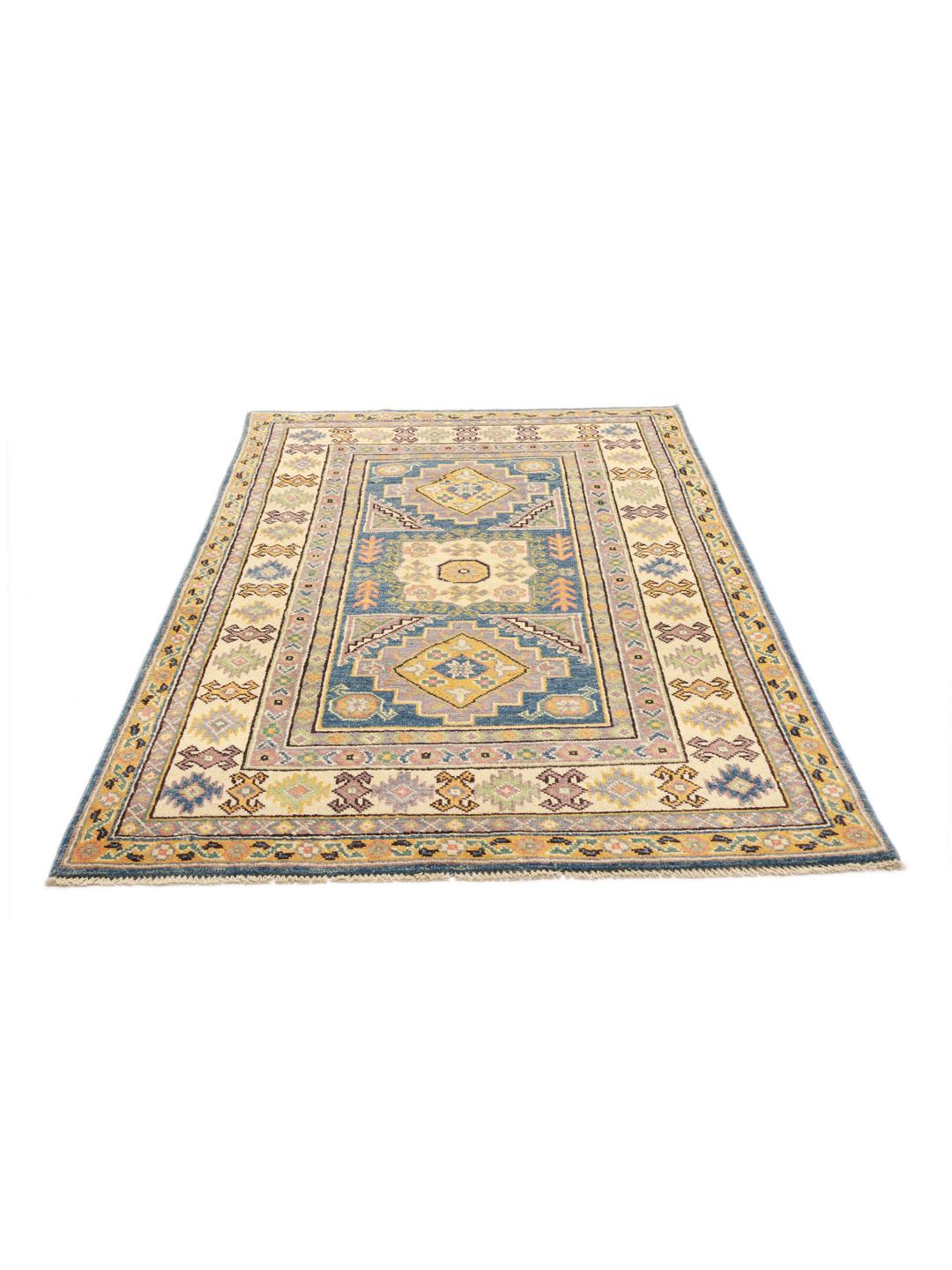 Handgeknoopt Kazak-tapijt uit Afghanistan met blauwe en beige geometrische patronen