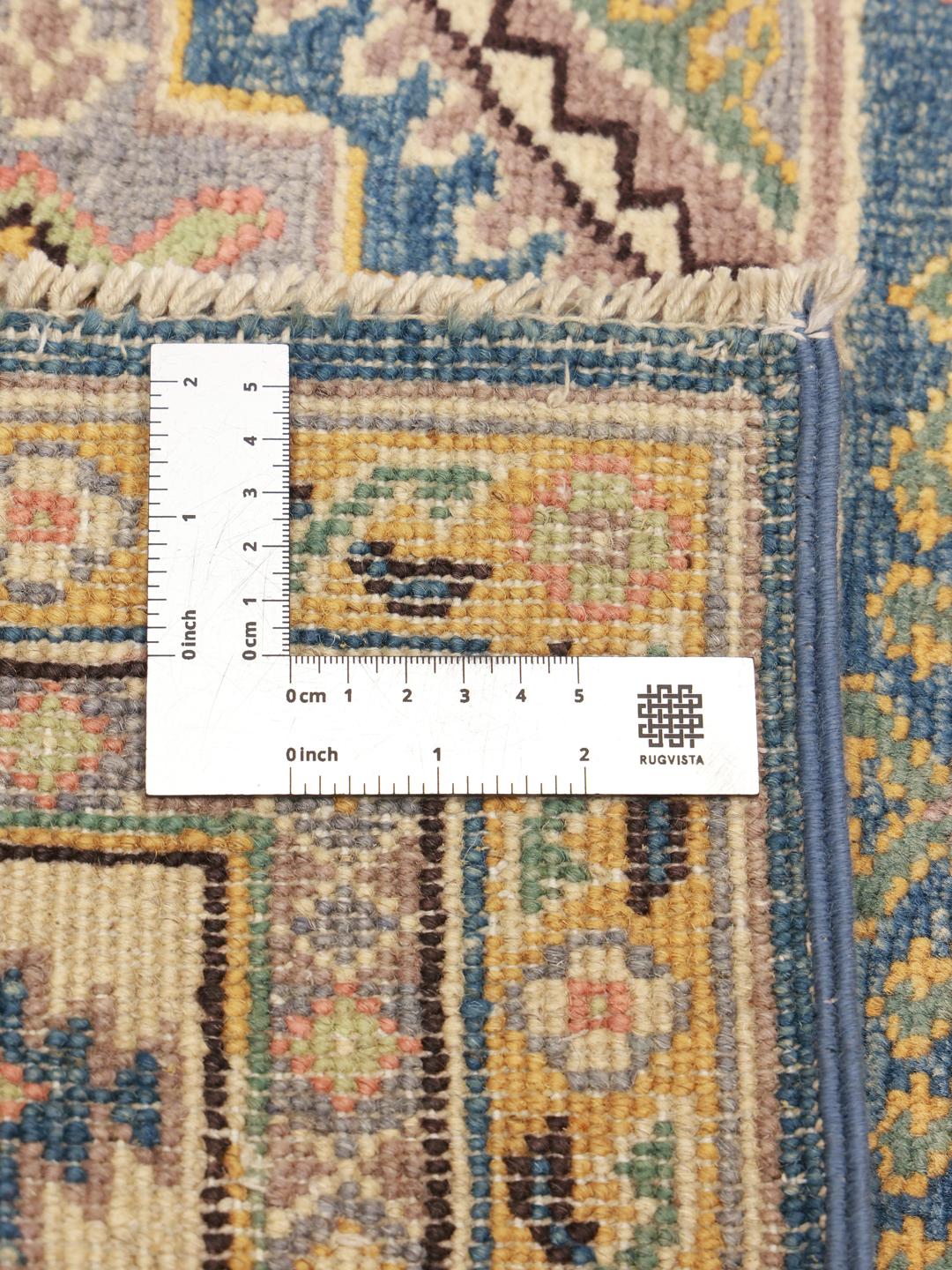 Handgeknoopt Kazak-tapijt uit Afghanistan met blauwe en beige geometrische patronen