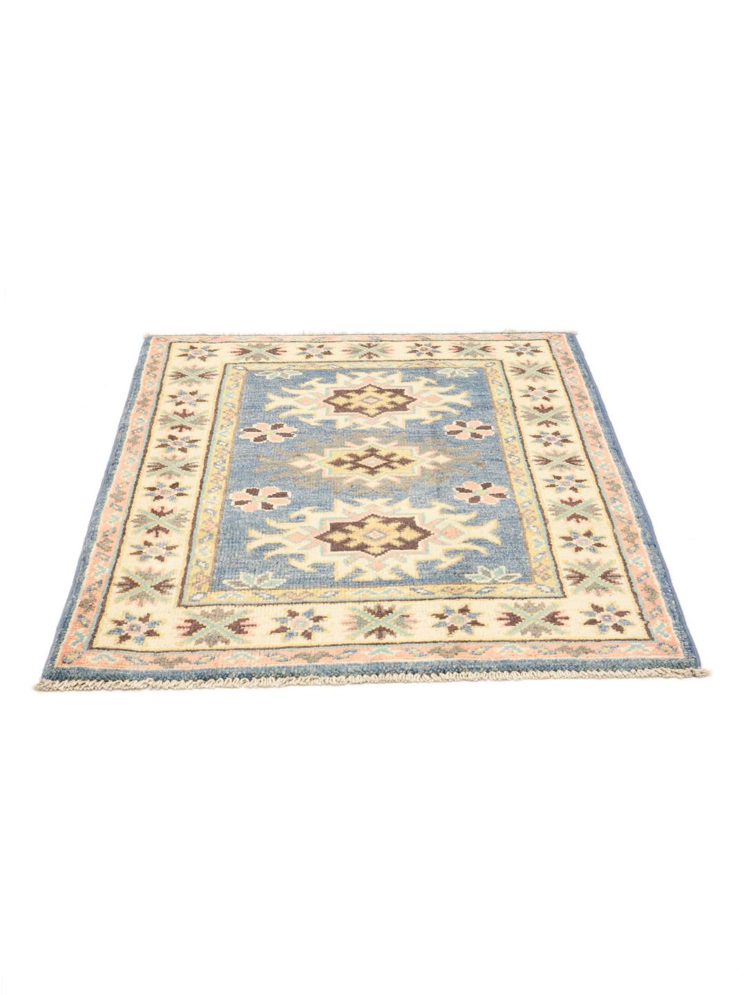 Handgeknoopt Afghaans Kazak-tapijt met blauw veld en geometrische motieven