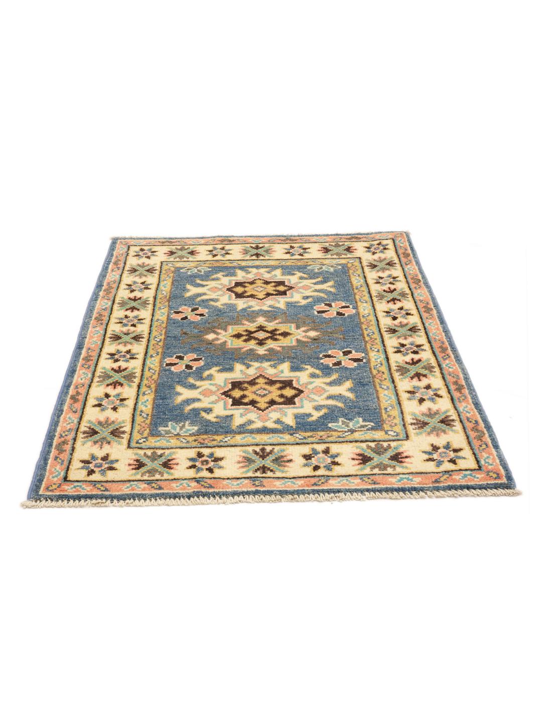 Handgeknoopt Afghaans Kazak-tapijt met blauw veld en geometrische motieven