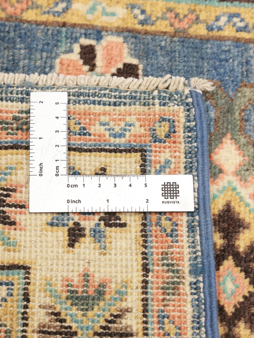 Handgeknoopt Afghaans Kazak-tapijt met blauw veld en geometrische motieven