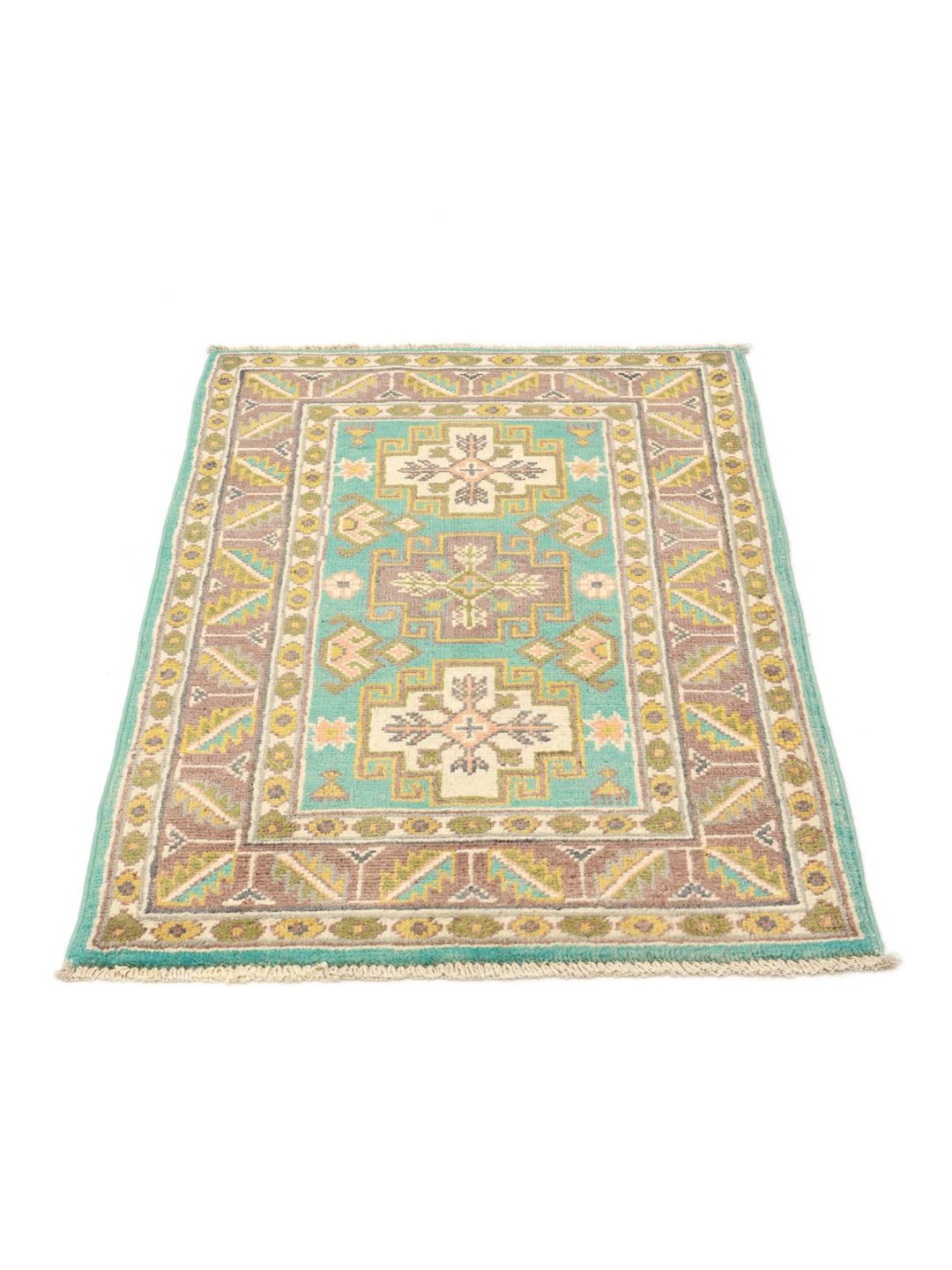 Handgeknoopt Afghaans Kazak-tapijt met blauwe, bruine en okerkleurige geometrische patronen.