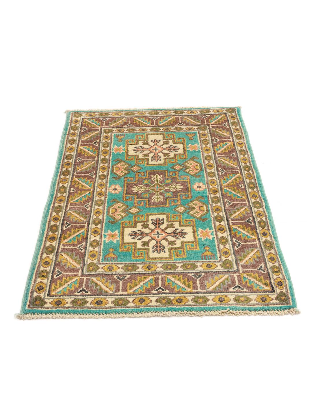 Handgeknoopt Afghaans Kazak-tapijt met blauwe, bruine en okerkleurige geometrische patronen.