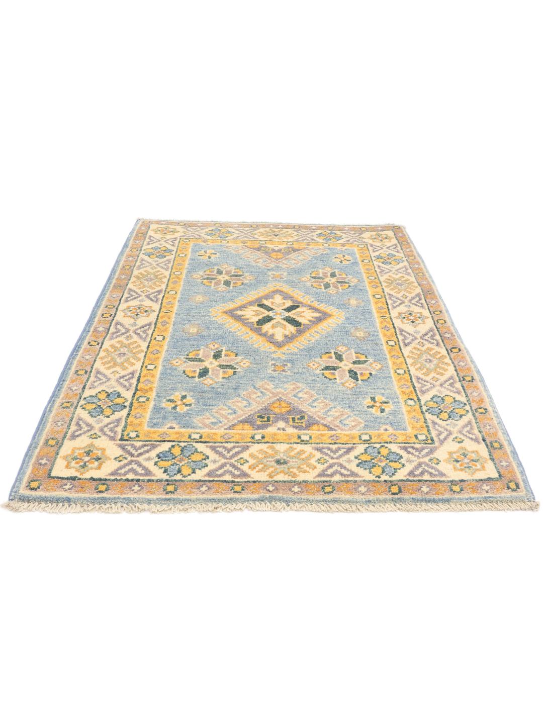 Handgeknoopt Afghaans Kazak-tapijt met een blauw veld en geometrische motieven