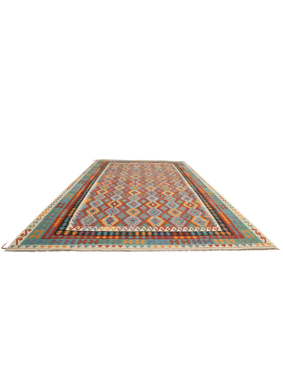 Hand-woven Afghan Kelim rug with a vibrant multicolor diamond pattern