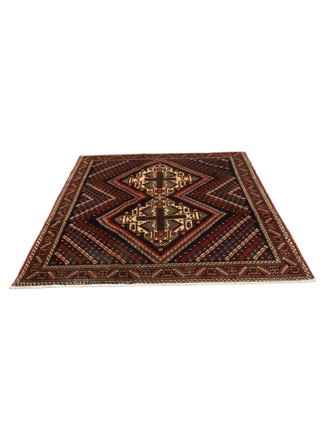 Hand-knotted Afshar Shahre Babak rug with dark-red and black geometric motifs.