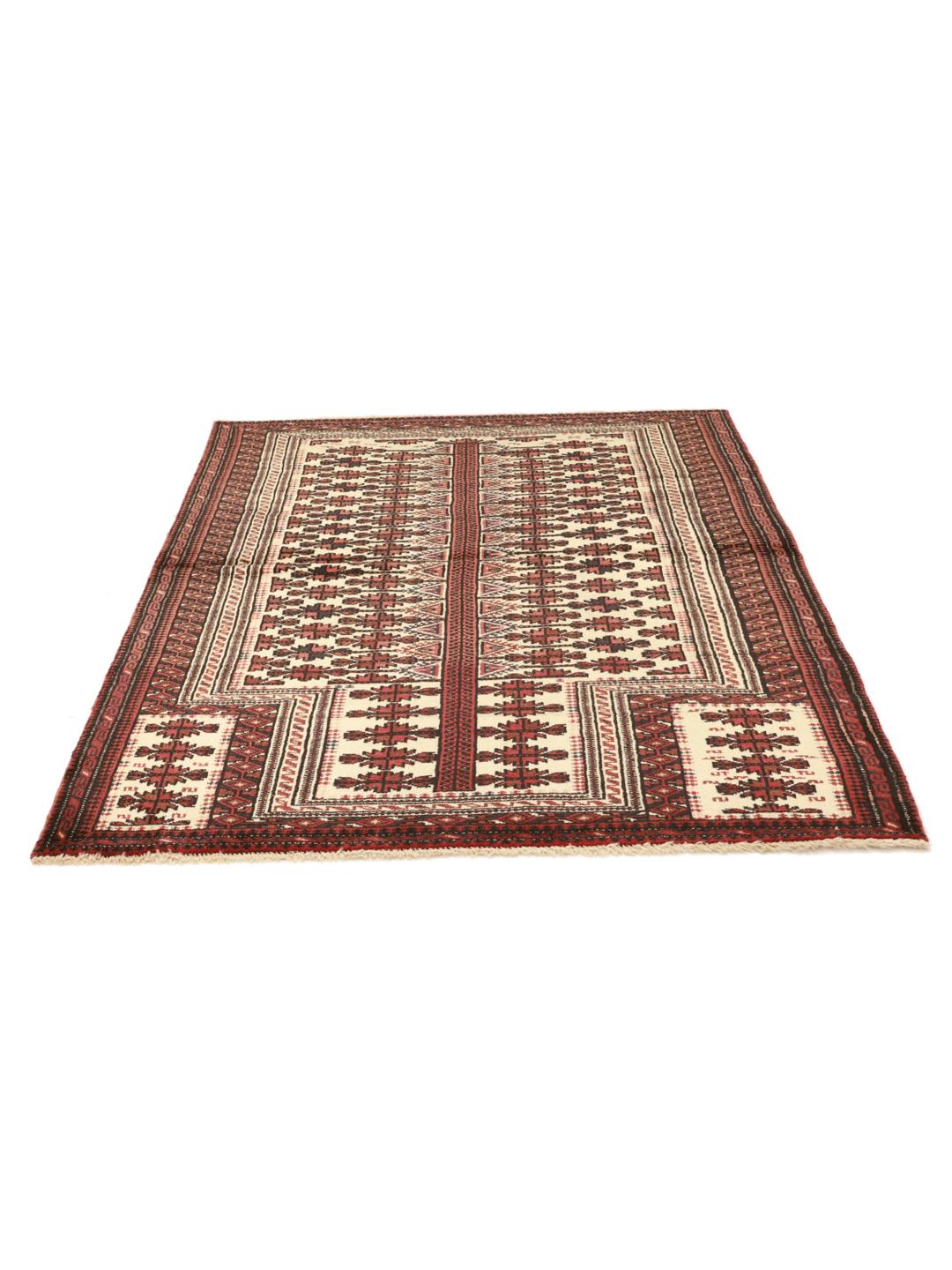 Handgeknoopt Baluch-tapijt uit het Midden-Oosten in rode en beige tinten.