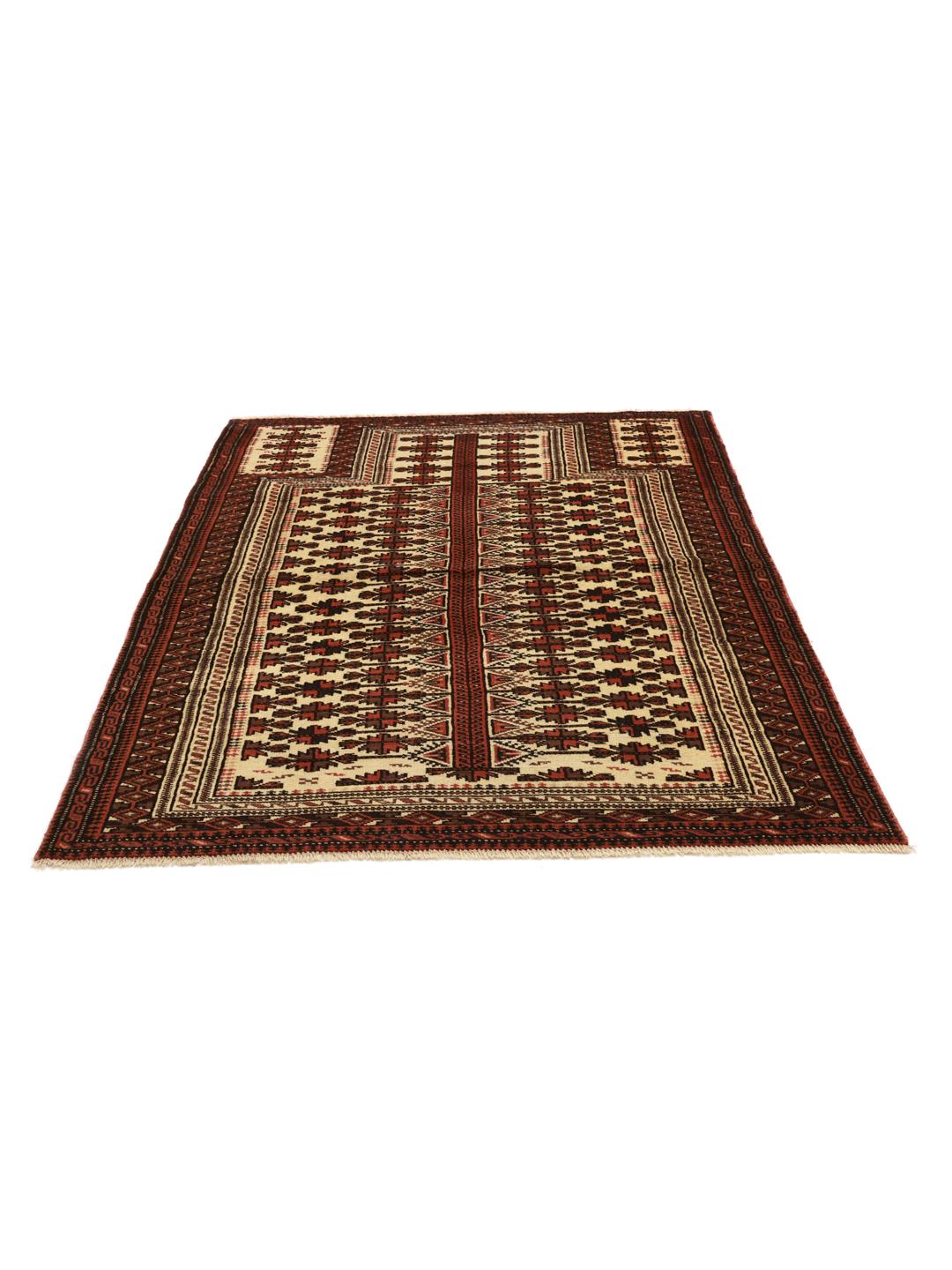 Handgeknoopt Baluch-tapijt uit het Midden-Oosten in rode en beige tinten.
