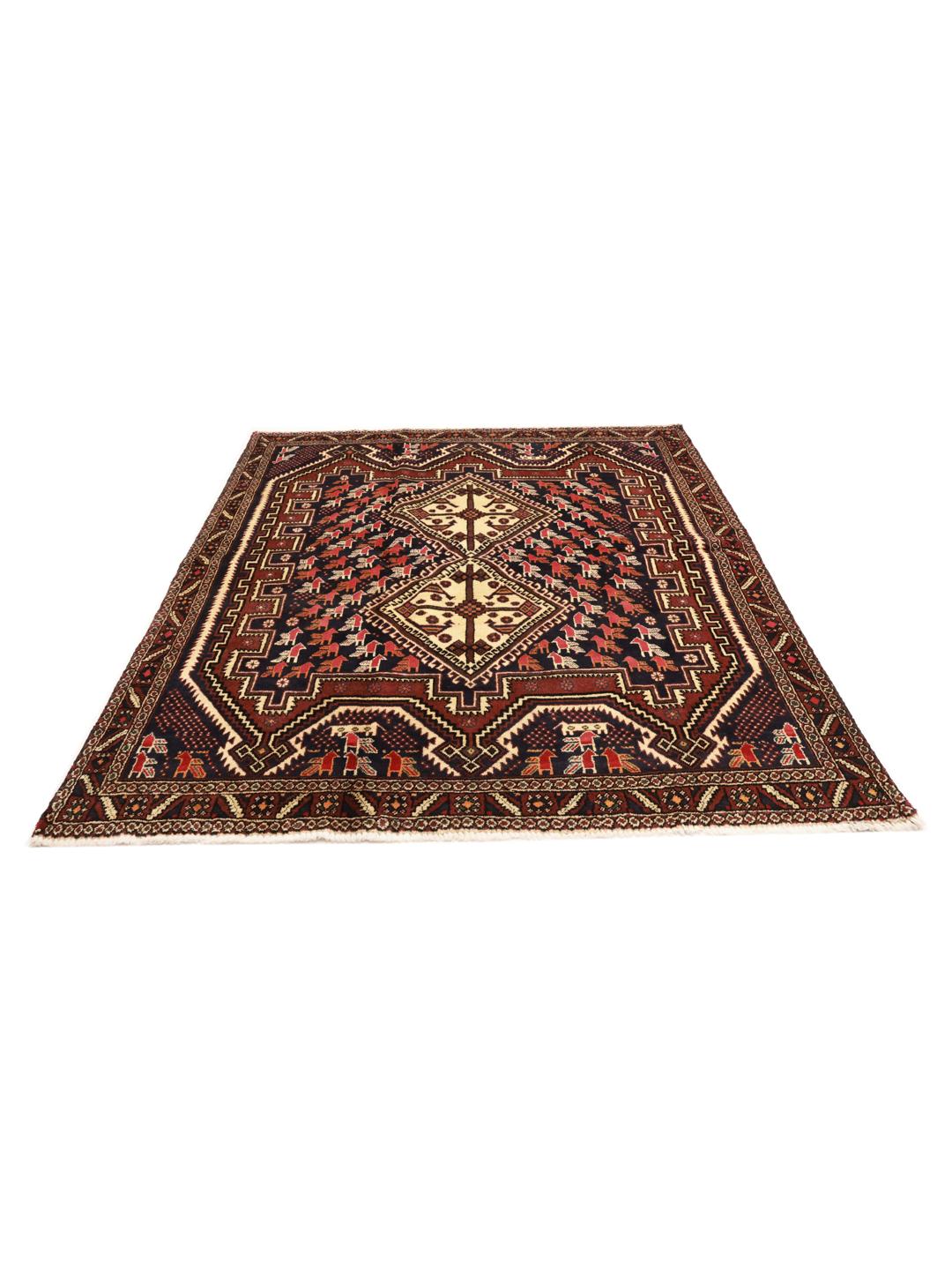 Hand-knotted Afshar Shahre Babak rug from the Middle East in dark-red and beige