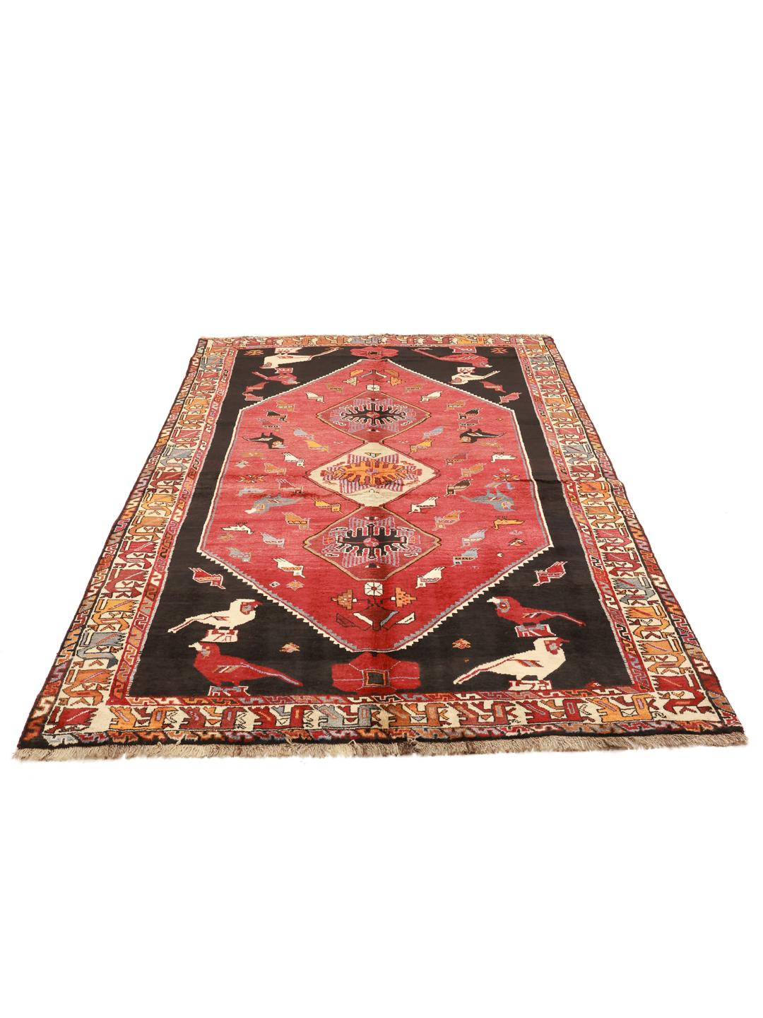 Handgeknoopt Shiraz-tapijt met dieprode en zwarte tinten met traditionele tribale motieven