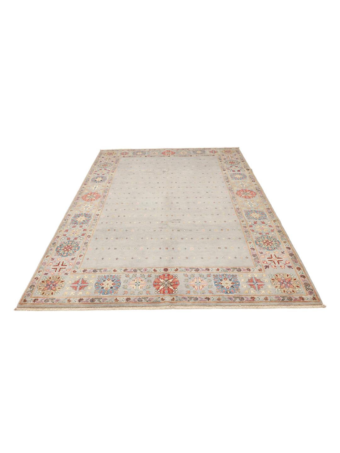 Tapis afghan noué à la main avec un champ bleu clair et des bordures décoratives