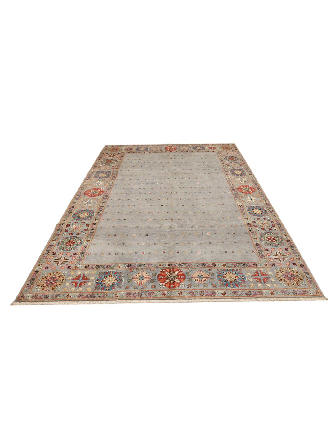 Tapis afghan noué à la main avec un champ bleu clair et des bordures décoratives