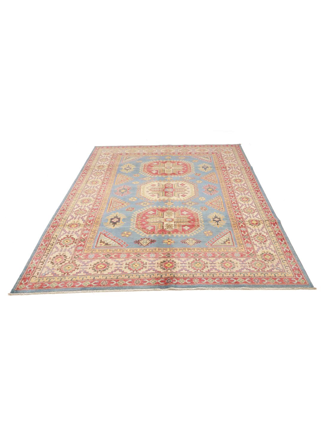 Hand-knotted Kazak rug from Afghanistan with a blue field and geometric patterns.