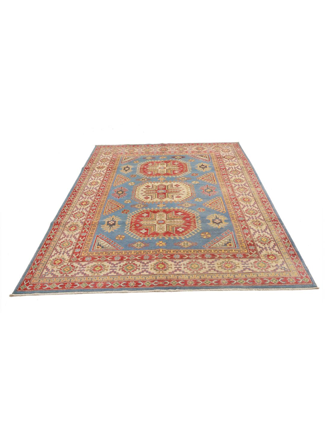 Hand-knotted Kazak rug from Afghanistan with a blue field and geometric patterns.