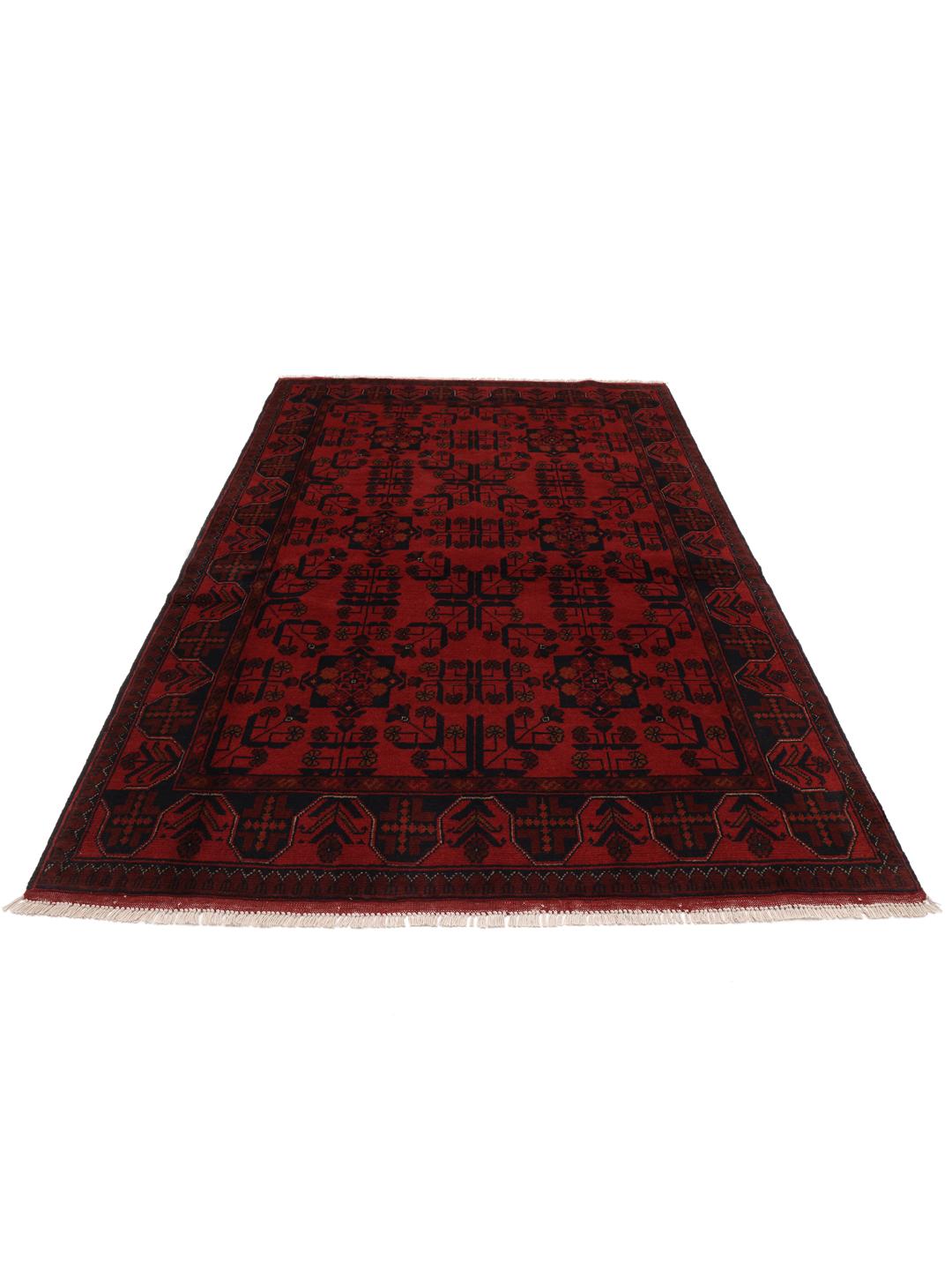 Tapis Afghan Khal Mohammadi noué à la main avec des motifs géométriques traditionnels rouge foncé et noirs