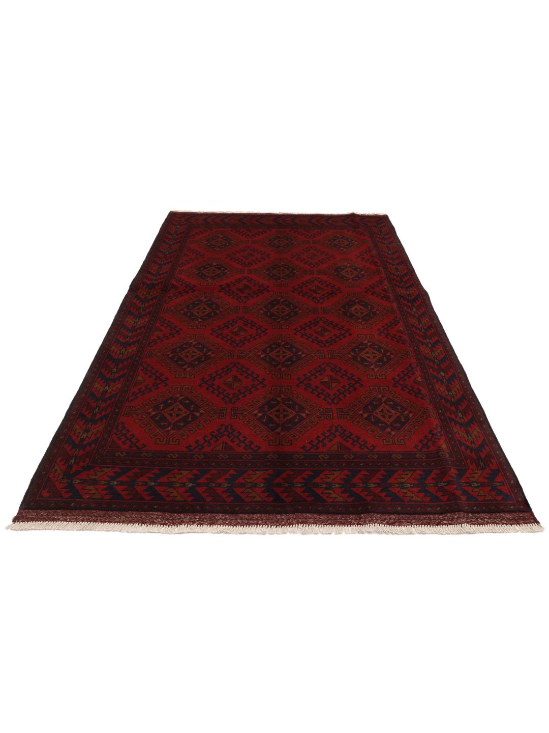Tapis Afghan Khal Mohammadi noué à la main avec un motif géométrique rouge foncé et bleu.
