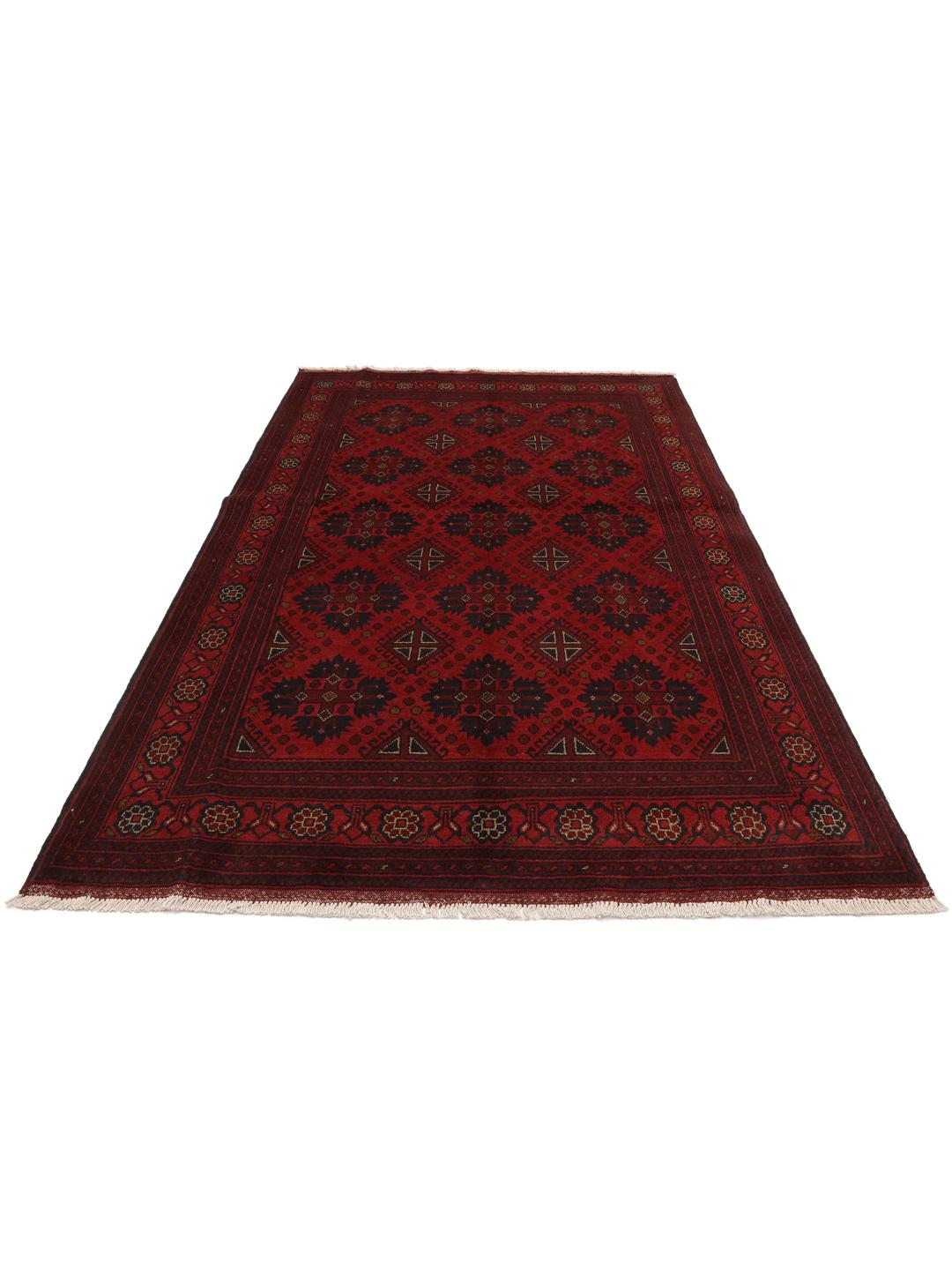 Hand-knotted Afghan Khal Mohammadi rug in dark-red with traditional geometric motifs.