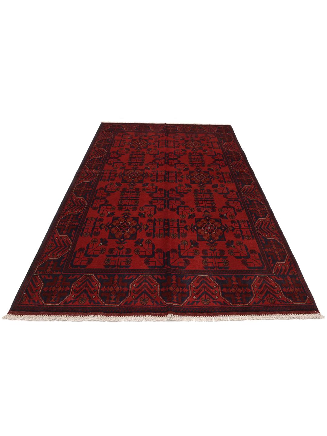 Hand-knotted Afghan Khal Mohammadi rug in deep red with geometric patterns