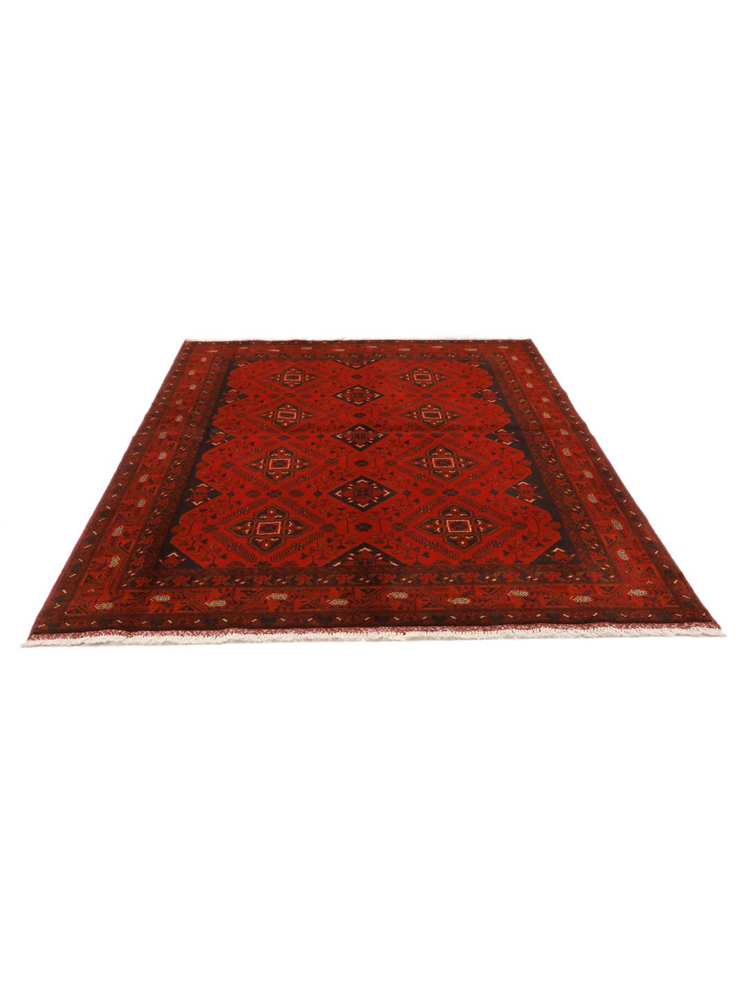 Tapis afghan Khal Mohammadi noué à la main avec des motifs géométriques rouge foncé et noirs