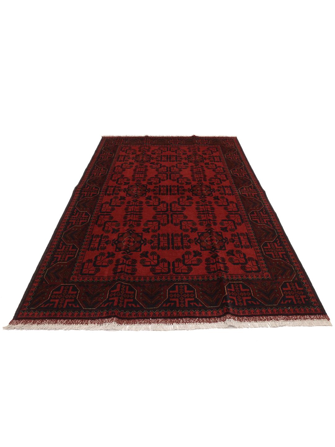 Hand-knotted Afghan Khal Mohammadi rug in deep dark-red with geometric patterns