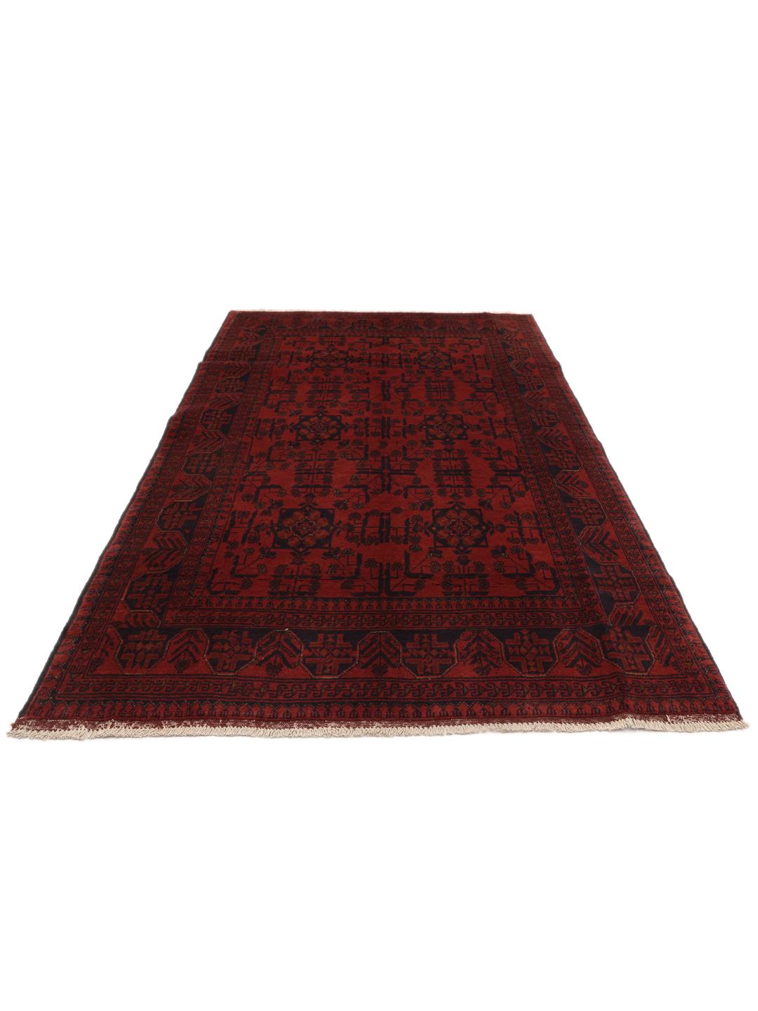 Hand-knotted Afghan Khal Mohammadi rug in deep red with geometric motifs