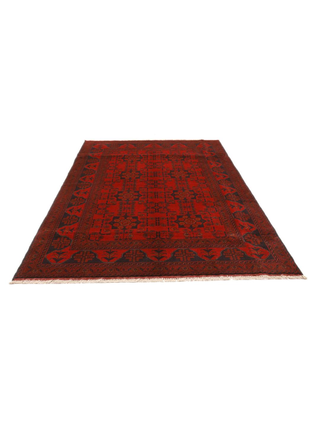 Hand-knotted Afghan Khal Mohammadi rug with traditional dark red and black motifs.
