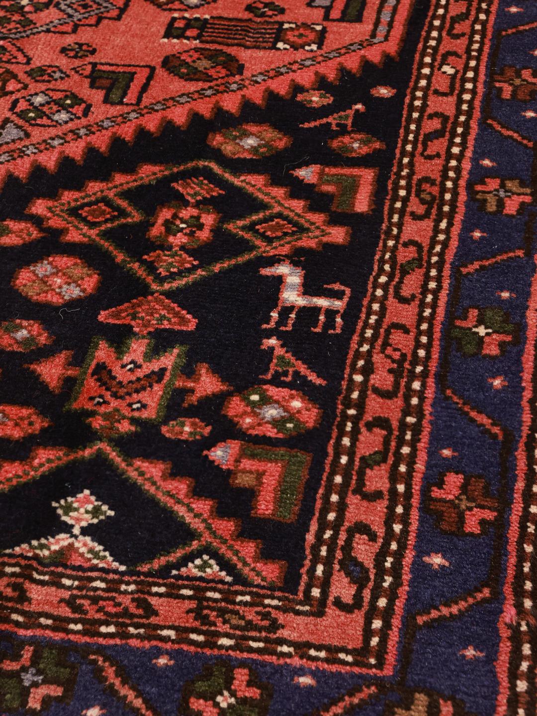 Handgeknoopt rood en blauw Hamadan wollen tapijt uit het Midden-Oosten