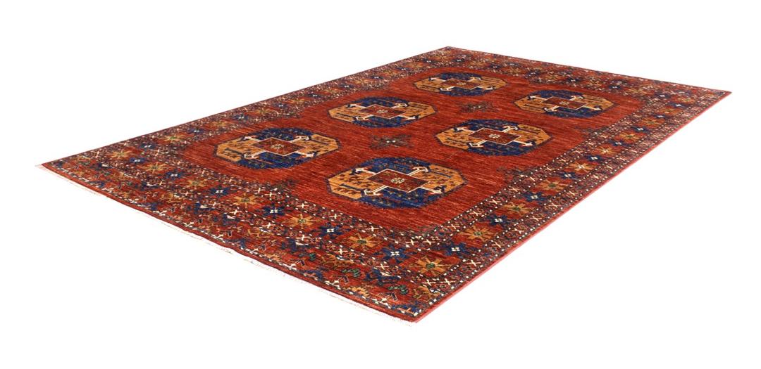Hand-knotted Middle Eastern Kunduz rug in red with geometric motifs