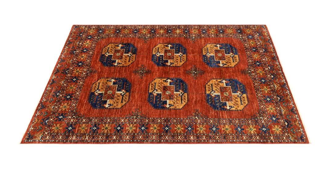 Hand-knotted Middle Eastern Kunduz rug in red with geometric motifs