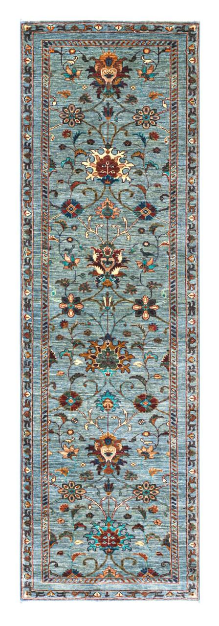 Covor tip runner Ziegler Ariana înnodat manual, originar din Afganistan, în nuanțe de albastru cu modele florale.