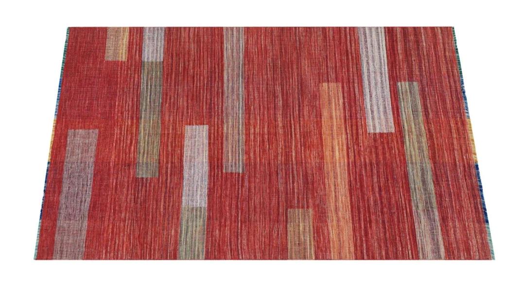 Een rood Afghaans kelim vloerkleed met moderne lineaire patronen