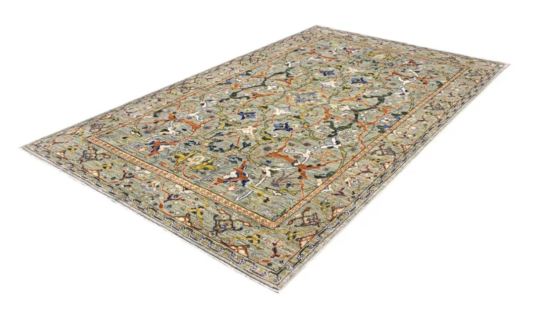 Alfombra Panjshir anudada a mano de Afganistán en color verde con patrones florales intrincados