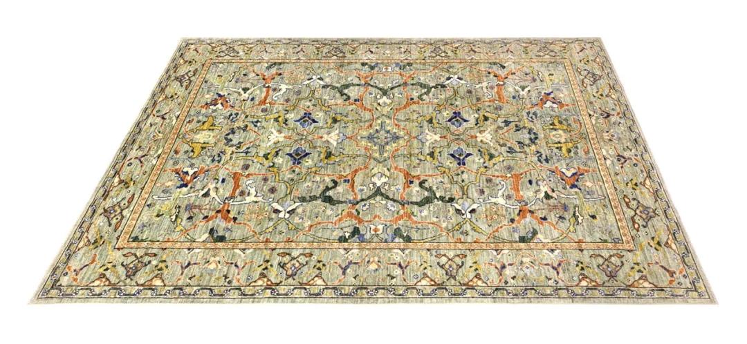 Alfombra Panjshir anudada a mano de Afganistán en color verde con patrones florales intrincados