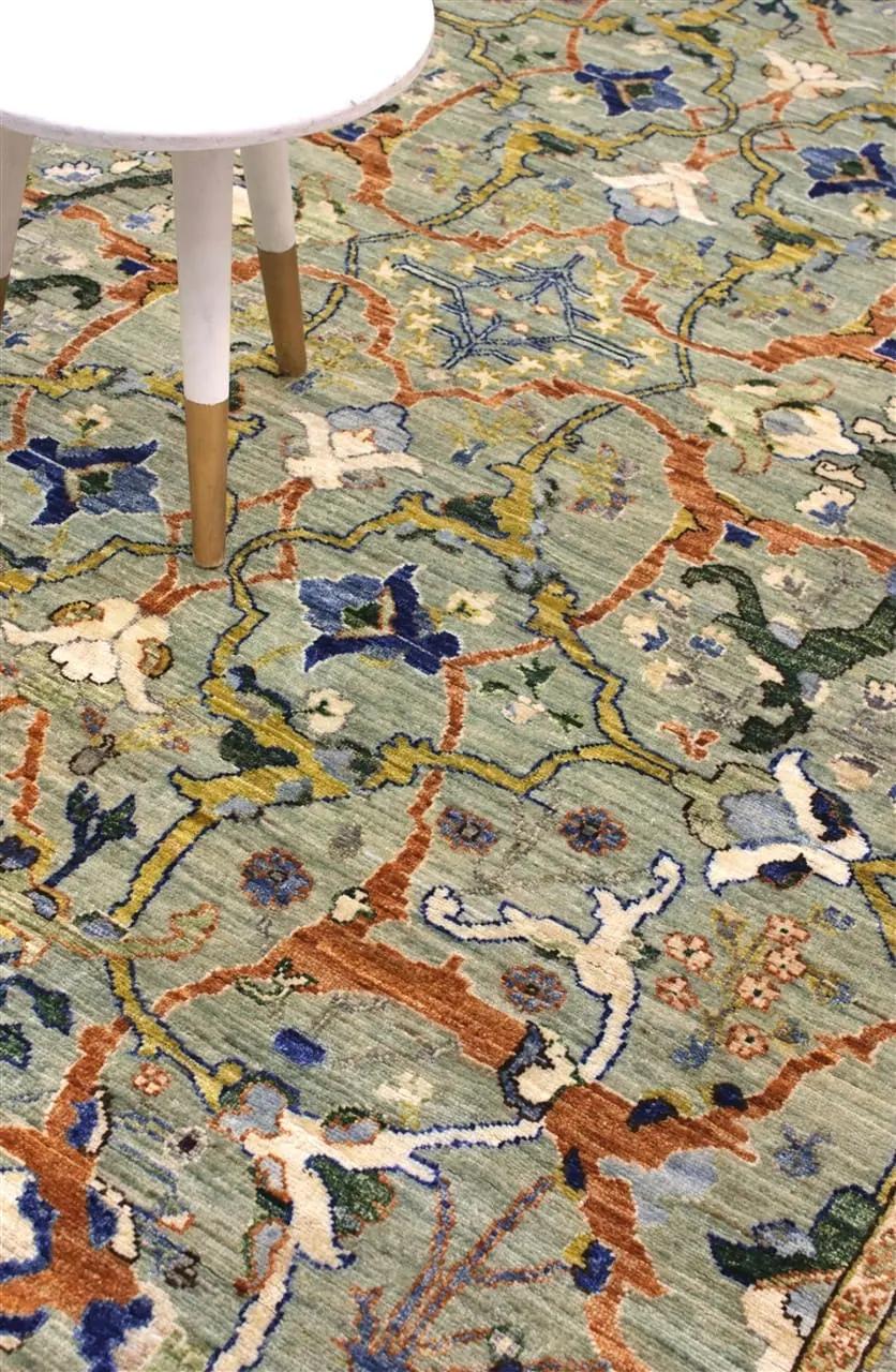 Alfombra Panjshir anudada a mano de Afganistán en color verde con patrones florales intrincados