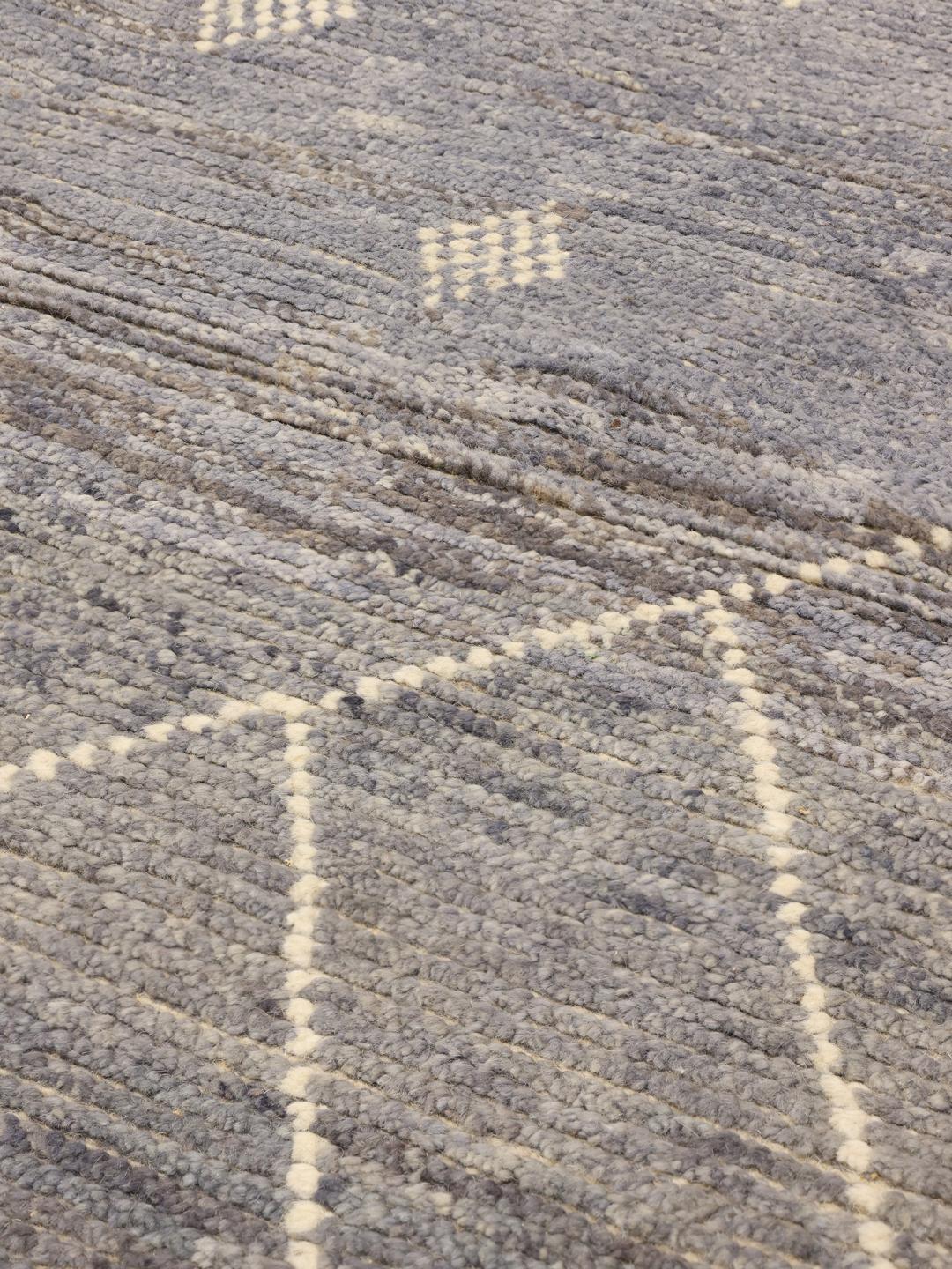 Hand-knotted Afghan rug in shades of blue and grey with a geometric diamond pattern