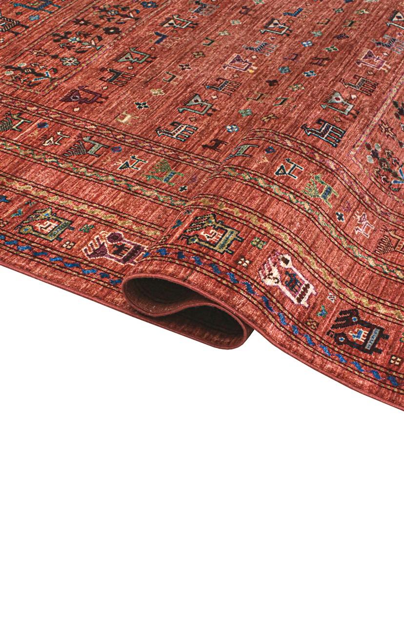 Alfombra afgana anudada a mano con motivos pictóricos de animales y flores en rojo oscuro y multicolor