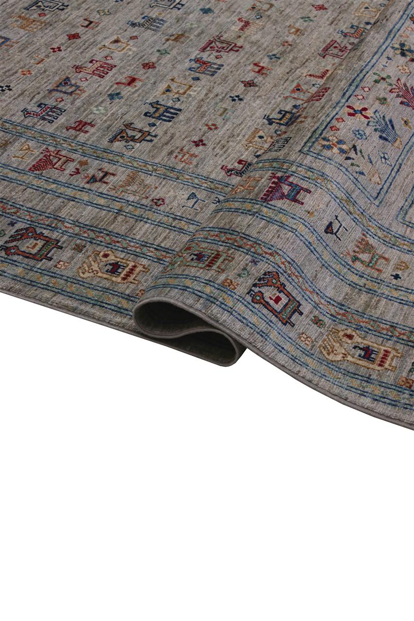 Handgeknoopt Afghaans tapijt met figuratieve motieven in beige en blauwe tinten