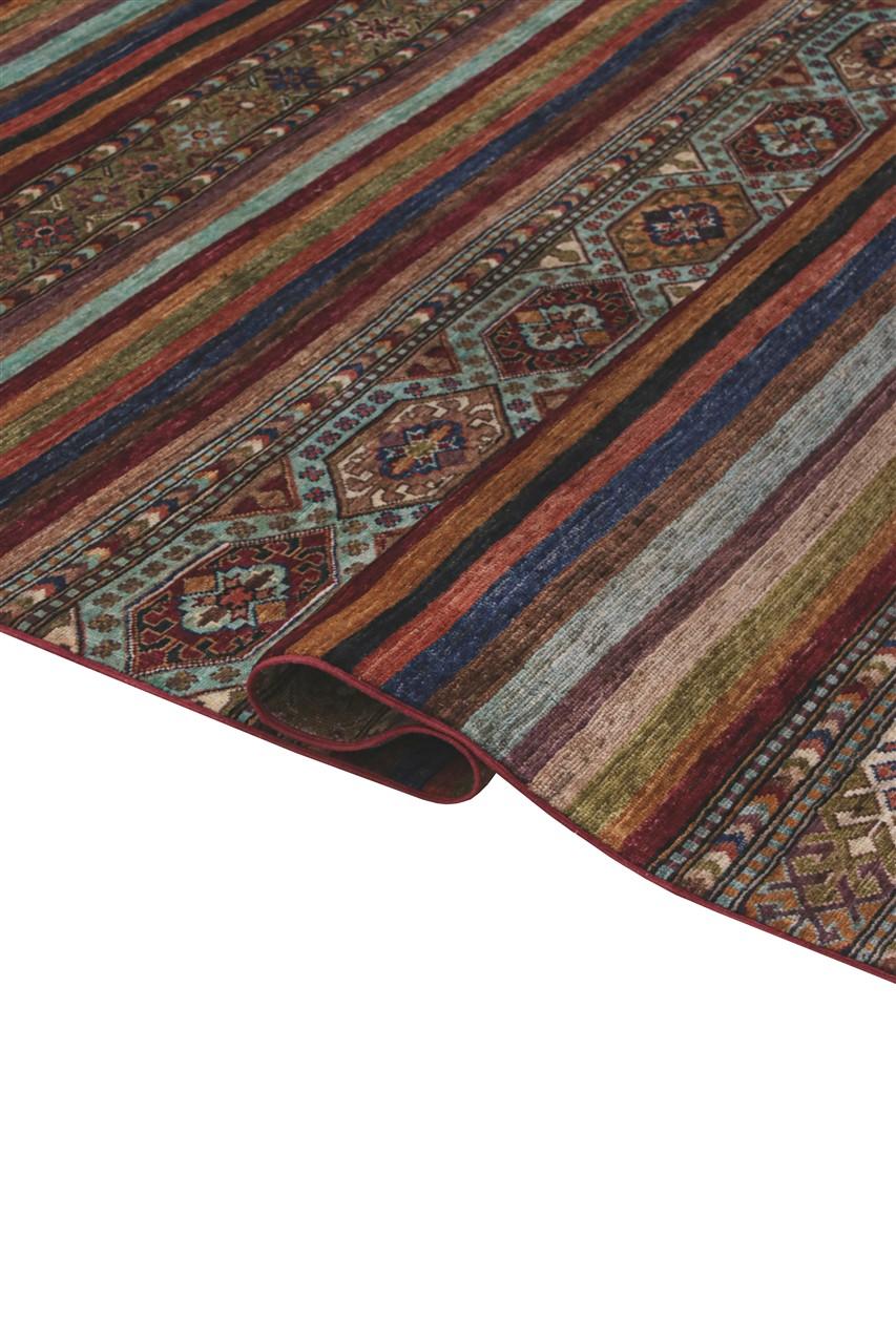 Håndknyttet afghansk tæppe med levende flerfarvede striber og traditionelle geometriske motiver