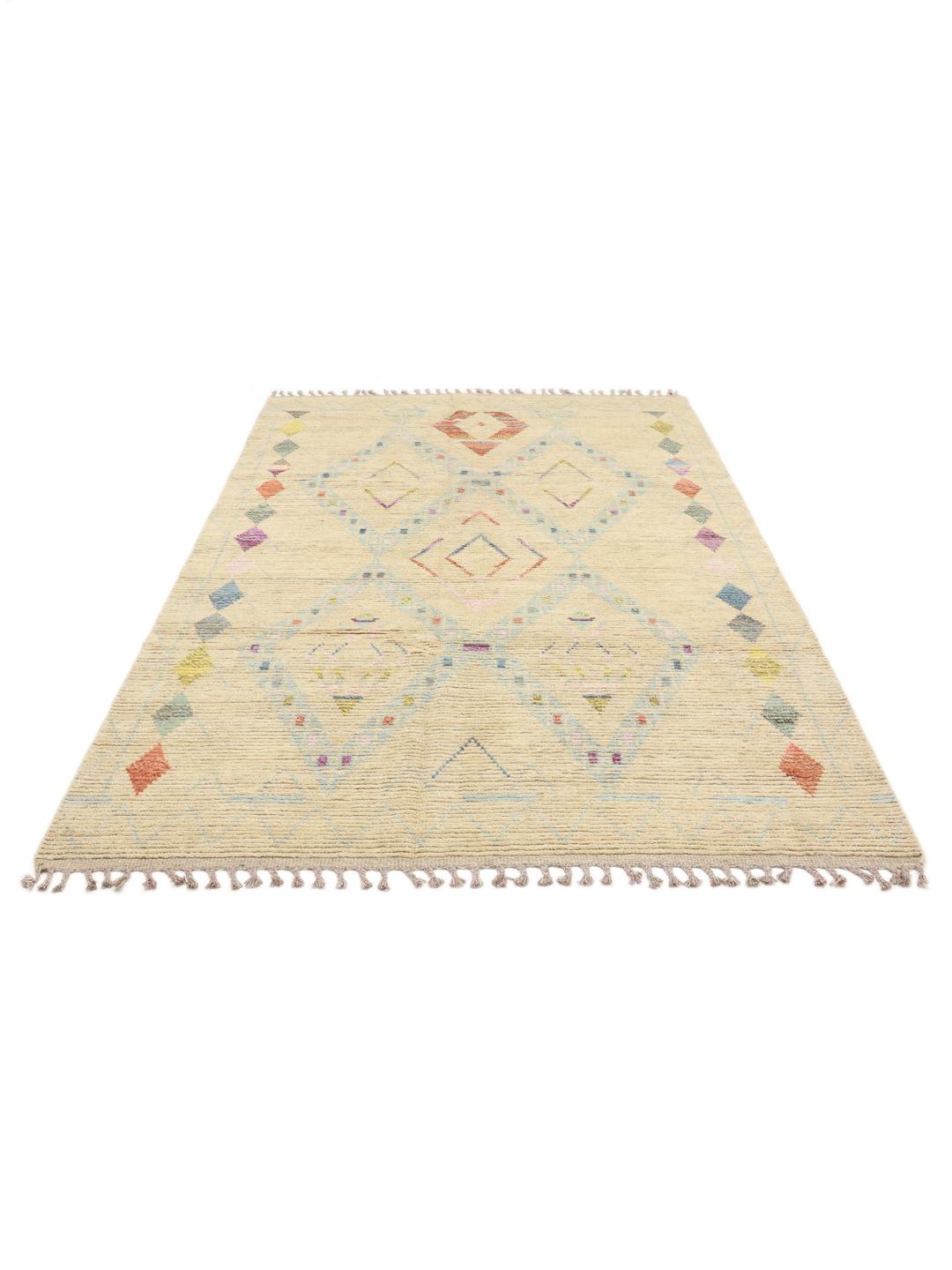 Hand-knotted Afghan rug with a beige base and colourful geometric patterns