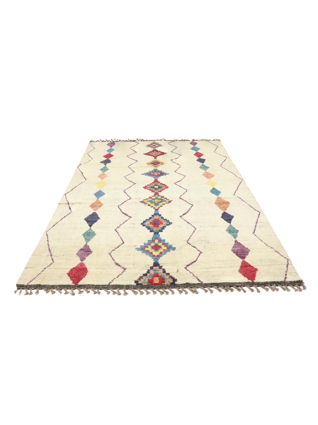 Hand-knotted Berber Style rug from Afghanistan with a multicolor geometric design on a beige field.