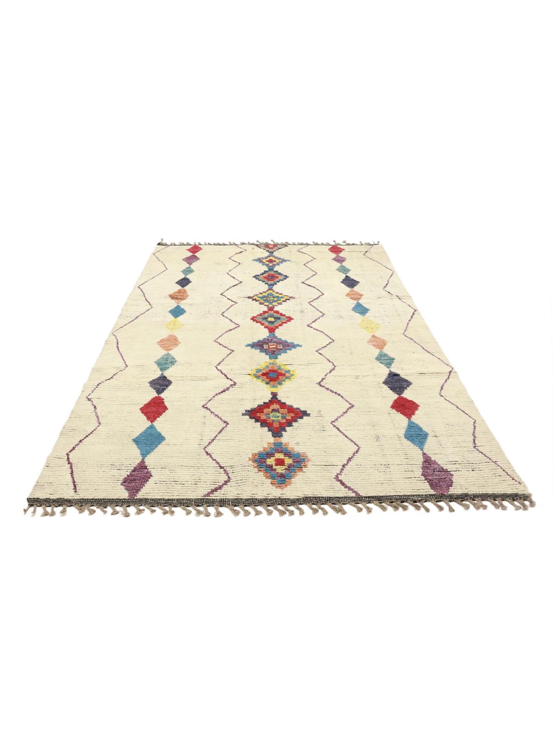 Hand-knotted Berber Style rug from Afghanistan with a multicolor geometric design on a beige field.