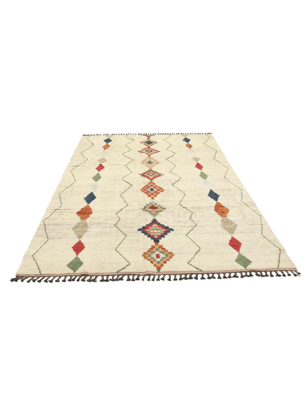 Hand-knotted Berber style rug from Afghanistan with colourful diamond patterns on a beige background
