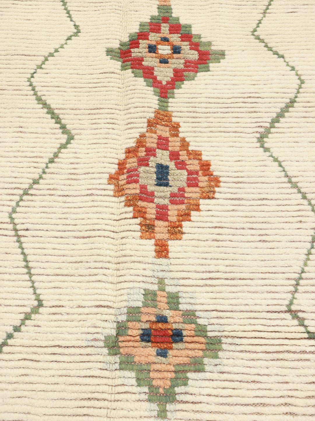 Hand-knotted Berber style rug from Afghanistan with colourful diamond patterns on a beige background