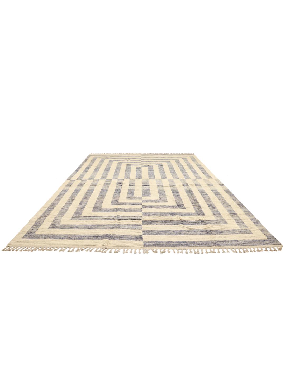 Handgeknoopt Afghaans tapijt met een blauw en beige geometrisch patroon
